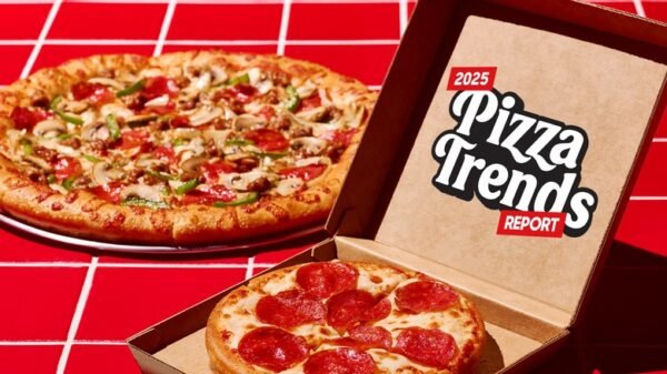 Personal pizza in a 2025 Pizza Trends Report box with another background pizza