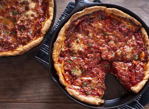 Deep dish pizza in pan